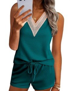 Lace V-Neck Waffle Knit Pajama Set for Women