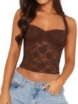 Reoria Women's Lace Halter Crop Top - Coffee