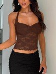 Reoria Women's Lace Halter Crop Top - Coffee
