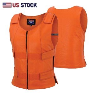Orange Leather Motorcycle Vest for Women Bikers