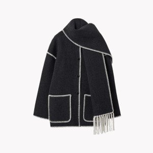 Tassel Wool Pea Coat with Scarf for Women
