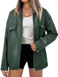 ANRABESS Women Oversized Leather Jackets Faux 2024 Fall Fashion Motorcycle Coats Winter Going Out Outfits Clothes Green Small