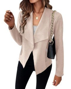 KIRUNDO Women's Faux Leather Suede Jacket 2024 Fall Fashion Light Long Sleeve Cropped Jacket Coats with Pockets(Beige Apricot, Small)