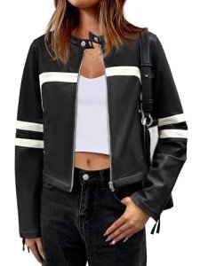 ANRABESS Women’s Faux Leather Jackets Zip Up Stand Collar Cropped Moto Biker PU Outerwear Coat 2024 Fall Fashion Outfits Black Medium