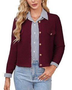 Navy Cardigan Women 2024 Lightweight Button Down Knit Jackets Fall Fashion Bussiness Casual Outfits Wine Red M