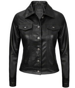 Women's Black Genuine Leather Trucker Jacket – Classic Button-Up Style