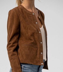 Brown Suede Leather Jacket for Women - Collarless Design