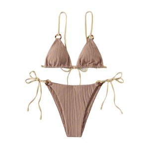 2 Pcs/set Summer Bikini Set Pure Colors Lace Up Padded Bikini Set All Match
