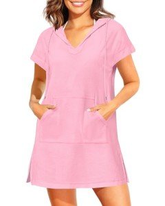 Pinup Fashion Bikini Cover Ups Women Terrycloth Pink Towel Dress with Pocket S-XL
