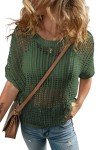 UEU Womens Summer Tops Crochet Short Sleeve Mesh Knit Ribbed Sweater Shirts Beach Swim Wear Cover Ups Sexy Hollow Out Bikini Coverups Spring Fashion Clothes XL Army Green