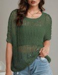 UEU Womens Summer Tops Crochet Short Sleeve Mesh Knit Ribbed Sweater Shirts Beach Swim Wear Cover Ups Sexy Hollow Out Bikini Coverups Spring Fashion Clothes XL Army Green