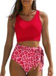 Dokotoo Womens Bikini Sets Fashion Leopard Print Scoop Neck Cutout 2024 Racerback 2 Piece Swimsuit Tie Knot Tummy Control High Waisted Bathing Suits Red Small