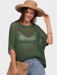 UEU Womens Summer Tops Crochet Short Sleeve Mesh Knit Ribbed Sweater Shirts Beach Swim Wear Cover Ups Sexy Hollow Out Bikini Coverups Spring Fashion Clothes XL Army Green