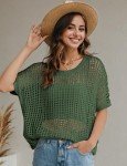 UEU Womens Summer Tops Crochet Short Sleeve Mesh Knit Ribbed Sweater Shirts Beach Swim Wear Cover Ups Sexy Hollow Out Bikini Coverups Spring Fashion Clothes XL Army Green