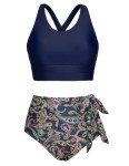 Hanna Nikole Women Fashion High Waisted Bikini Sets Navy Blue Paisley Side Tie Bow High Cut Bottom for Beach Party M