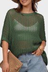 UEU Womens Summer Tops Crochet Short Sleeve Mesh Knit Ribbed Sweater Shirts Beach Swim Wear Cover Ups Sexy Hollow Out Bikini Coverups Spring Fashion Clothes XL Army Green