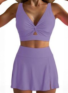 Dokotoo Bikini for Ladies Bathing Suits for Swim 2025 Removable Pads Fashion Sexy V Neck High Waisted Bathing Suit Cutout Twisted Knot Tankini Sets Resort Wear for Beach,Orchid Petal X-Large