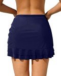 Pinup Fashion Women High Waisted Swim Skirt Navy Blue Ruffle Drawstring Swimdress Flattering Swimsuit Bikini Bottoms Swim Skort L