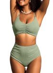 Herseas Women's Loop Straps High Waisted Bikini Scoop Neck Ribbed Fashion Swimsuits Ruched Teen Stretchy Green Bathing Suits Large