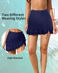 Pinup Fashion Women High Waisted Swim Skirt Navy Blue Ruffle Drawstring Swimdress Flattering Swimsuit Bikini Bottoms Swim Skort L