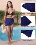 Pinup Fashion Women High Waisted Swim Skirt Navy Blue Ruffle Drawstring Swimdress Flattering Swimsuit Bikini Bottoms Swim Skort L