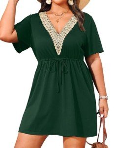 Pinup Fashion Swim Cover-up Plus Size Women Lace V Neck Green Drawstring Swimsuit Bikini Coverup Dress 14W-22W