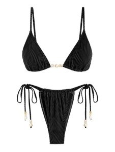 seamoly Women's Swimsuit Ruched Padding Beaded 2 Piece Bikini Set Tie Side Sexy High Cut Thong Fashion Swimwear Black X-Large