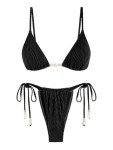 seamoly Women's Swimsuit Ruched Padding Beaded 2 Piece Bikini Set Tie Side Sexy High Cut Thong Fashion Swimwear Black X-Large