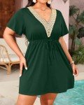 Pinup Fashion Swim Cover-up Plus Size Women Lace V Neck Green Drawstring Swimsuit Bikini Coverup Dress 14W-22W