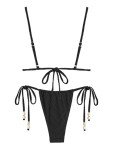 seamoly Women's Swimsuit Ruched Padding Beaded 2 Piece Bikini Set Tie Side Sexy High Cut Thong Fashion Swimwear Black X-Large