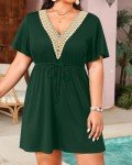 Pinup Fashion Swim Cover-up Plus Size Women Lace V Neck Green Drawstring Swimsuit Bikini Coverup Dress 14W-22W
