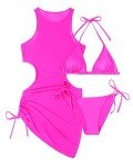 Pinup Fashion 3 Piece Bikini Sets Women Hot Pink Bathing Suit Cover Up Set Sexy Cutout 3PC Swimsuit S-XL