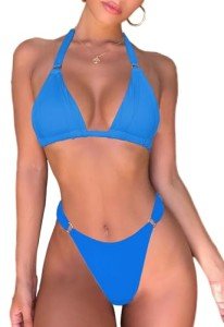 Ayakan Women's Blue Bikini Cute Bikinis Sets Halter Textured Triangle Swimsuit O-Ring Push Up Swimwear Fashion Beach Wear(Blue,S)