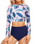 Pinup Fashion Long Sleeve Bathing Suit Women Leaf Two Piece Rash Guard UPF 50+ Swim Shirt Built in Bra Bikini with Bottoms