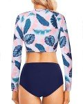 Pinup Fashion Long Sleeve Bathing Suit Women Leaf Two Piece Rash Guard UPF 50+ Swim Shirt Built in Bra Bikini with Bottoms