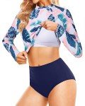 Pinup Fashion Long Sleeve Bathing Suit Women Leaf Two Piece Rash Guard UPF 50+ Swim Shirt Built in Bra Bikini with Bottoms