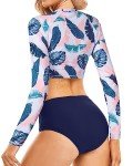 Pinup Fashion Long Sleeve Bathing Suit Women Leaf Two Piece Rash Guard UPF 50+ Swim Shirt Built in Bra Bikini with Bottoms