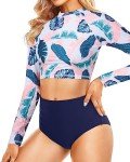 Pinup Fashion Long Sleeve Bathing Suit Women Leaf Two Piece Rash Guard UPF 50+ Swim Shirt Built in Bra Bikini with Bottoms