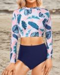 Pinup Fashion Long Sleeve Bathing Suit Women Leaf Two Piece Rash Guard UPF 50+ Swim Shirt Built in Bra Bikini with Bottoms