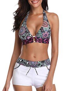 Century Star Women's Two Piece Swimsuit Halter Printed Top with Boyshort Bottoms Bikini Fashion Bathing Suit Floral Print X-Large (fits like US 10-12)