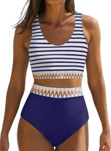 Dokotoo Bathing Suit for Women Tummy Control Fashion Floral Print Sexy Swimsuit Scoop Neck Sleeveless High Waisted Bikini Sets for Women,Blue Medium