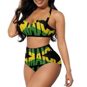 Yewattles Fashion Jamaica Flag Women Two Piece Bikini Set Sexy Halter Top Swimsuits Quick Drying High Waist Tummy Control Bottoms Breathable Bathing Suits Fashion Push Up Swimwear S-XXL