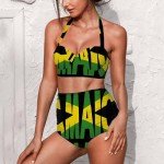 Yewattles Fashion Jamaica Flag Women Two Piece Bikini Set Sexy Halter Top Swimsuits Quick Drying High Waist Tummy Control Bottoms Breathable Bathing Suits Fashion Push Up Swimwear S-XXL