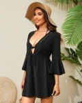 Pinup Fashion Womens Swimsuit Cover Ups V Neck Bathing Suit Coverup Beach Dress Flowy Swim Bikini Cover Up for Swimwear Black