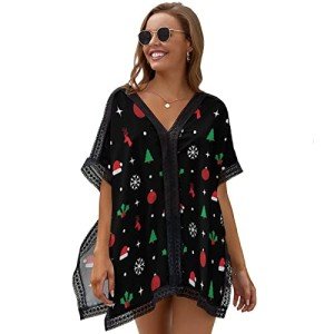 Jdadrh Womens Summer Swimsuit Swimwear Cover up Christmas Tree Snowflakes and Deer Beach Bikini Coverups Fashion Printing Hollow Out for Women Teen Grils