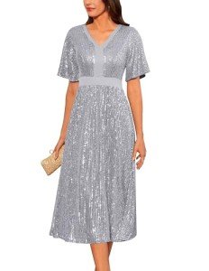 Silver Sequin A-Line Evening Dress for Women