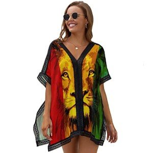 Jdadrh Womens Summer Swimsuit Swimwear Cover up Reggae Rasta Flag Lion King Beach Bikini Coverups Fashion Printing Hollow Out for Women Teen Grils