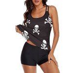 Aiyoolee Fashion Tankini Swimsuits for Women Two Piece Bathing Suits Tank Tops with Bikini Bottoms, Loose Fit Tummy Control Swimming Suits, Sugar Skulls Crossbones