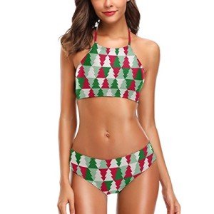 Naanle Women's Vintage Christmas Tree Pattern Fashion Sexy 2 Pcs Halter Padded Push Up Swimsuit Bikini Set