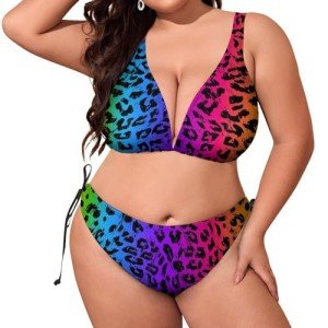 Women's Plus Size Sexy Strappy Bikini Fashion Swimsuit Bottoms Triangle Halter Bikini Top for Rainbow Colorful Cheetah Leopard Print Two Piece Swimwear Bathing Suit